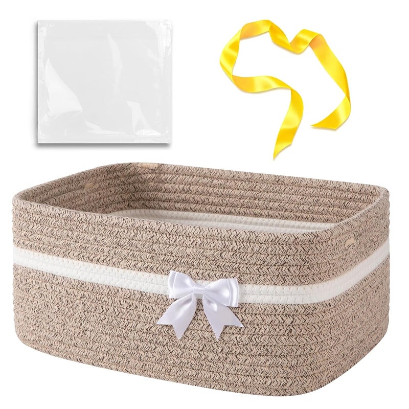 OIAHOMY Large Woven Storage Basket with Handles for Nursery Living Room Shelves, Bow Basket for Gifts Empty with Gift Bags and Ribbons for Baby Showers Pet Toy Bin - Brown & White - Image 1